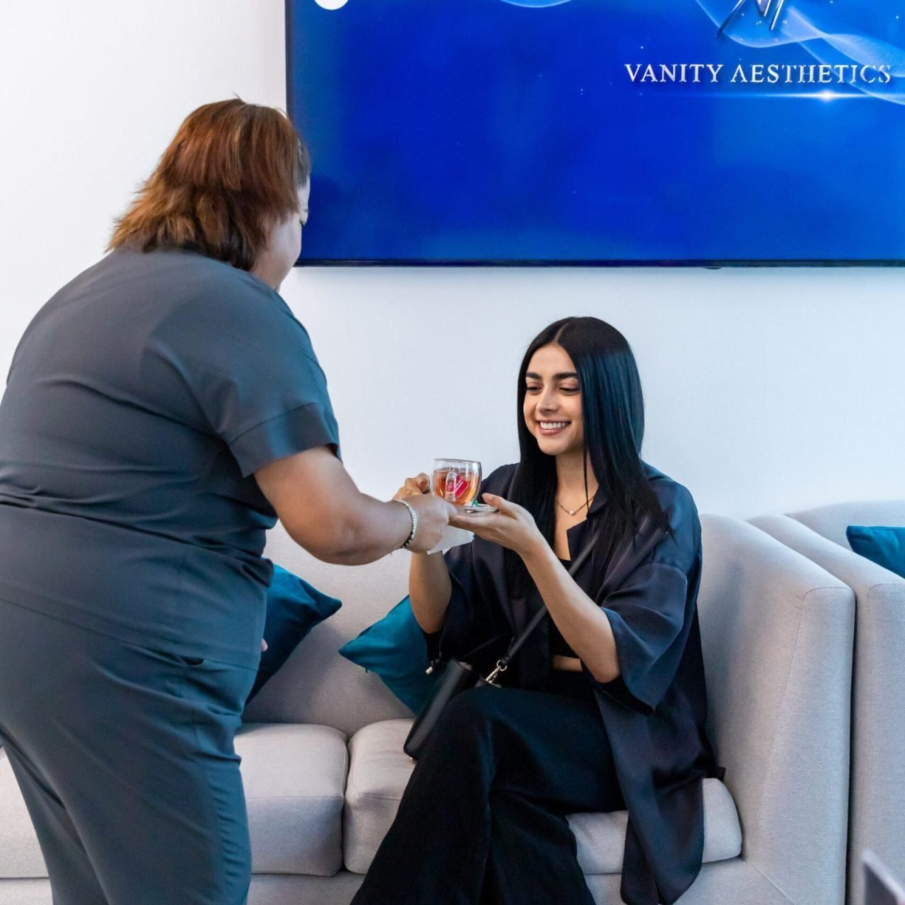 The elegant waiting area of Vanity Aesthetics, where clients can relax before their PDO thread lift consultation.